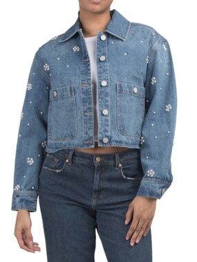 Blank NYC Pearl Beaded Floral Cropped Jean Jacket Medium New With Tags